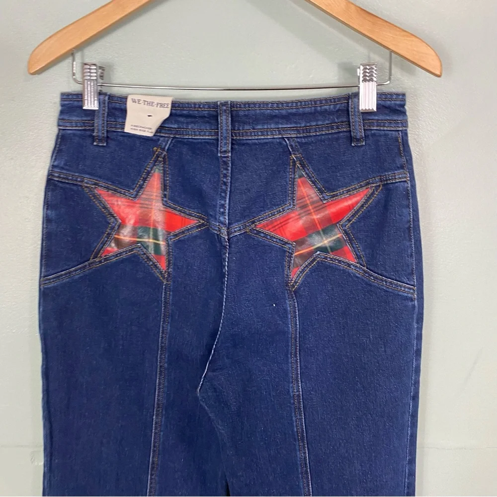 Free People Firecracker Jeans Holiday Tartan Stars Blue Plaid Size 30 - Picture 5 of 8